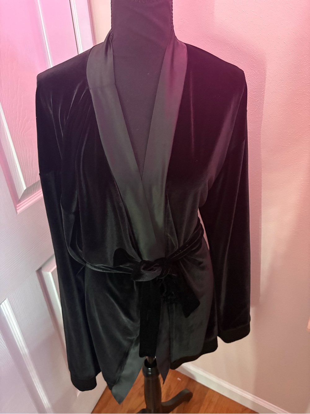 castles couture Plush Black Velvet Shawl-Collar Robe